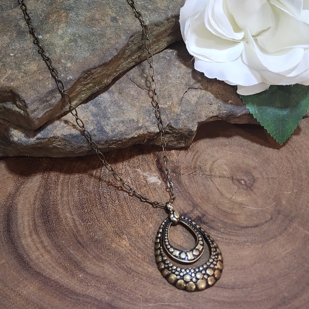 Antique Brass Toned Double Teardrop Textured Pendant Necklace
